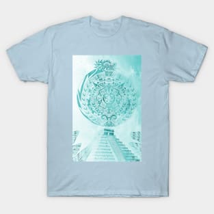 the aztec calendar in dragon quetzalcoatl blue sky T-Shirt